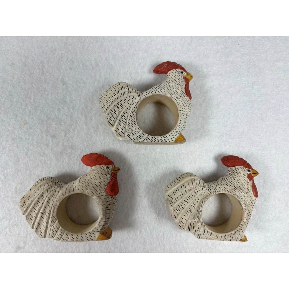 Set of 6 Hand Painted Wooden Chicken Napkin Rings Rooster Farmhouse Decor